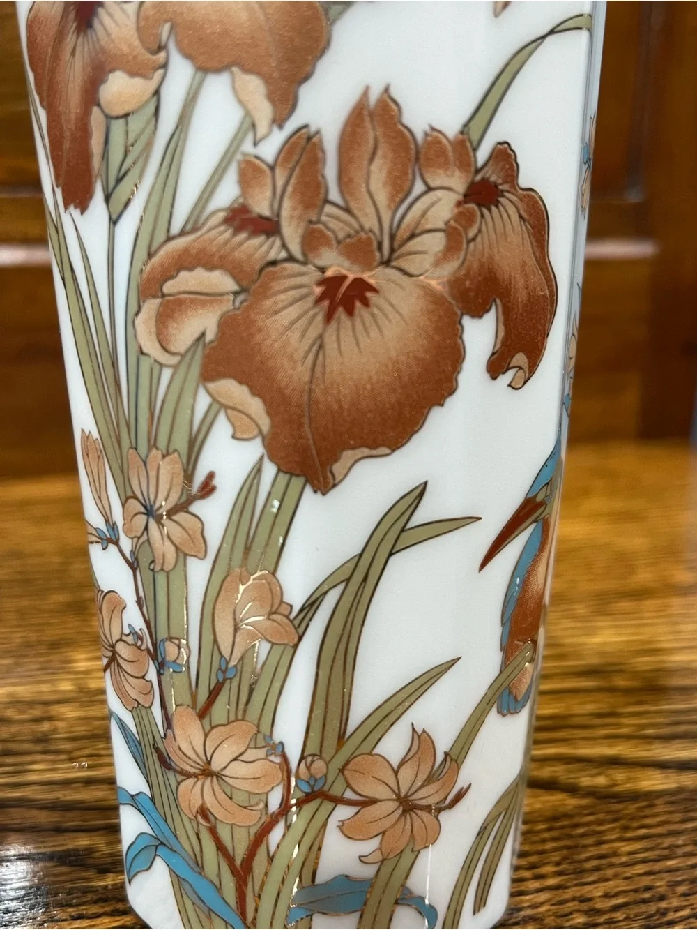 Vintage Japanese Porcelain Iris & Kingfisher Vase – Floral Art Deco Style